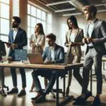 Equipo de emprendedores en una oficina moderna colaborando en una plataforma tecnológica