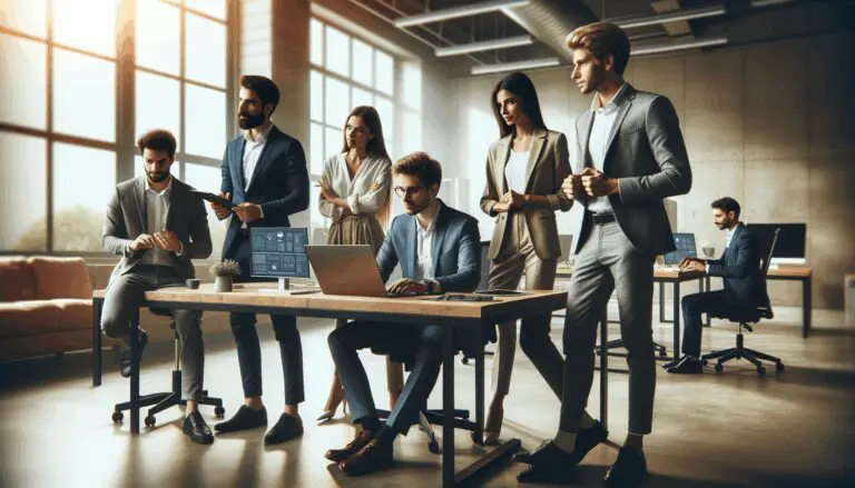 Equipo de emprendedores en una oficina moderna colaborando en una plataforma tecnológica