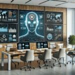 Oficina moderna con pantallas mostrando inteligencia artificial y gráficos de ventas