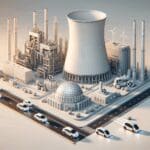 Render 3D de una planta tecnológica con un pequeño reactor nuclear y vehículos autónomos en la carretera