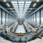 Interior de un centro logístico automatizado con paquetes y cintas transportadoras