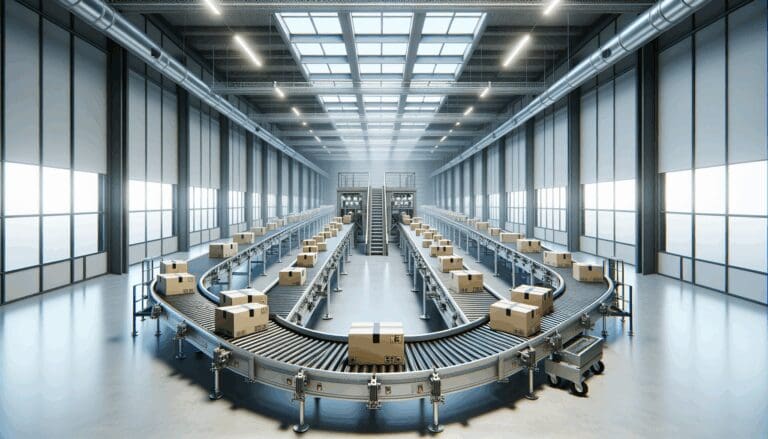 Interior de un centro logístico automatizado con paquetes y cintas transportadoras