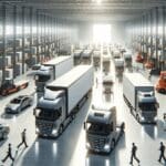 Almacén logístico con camiones modernos y trabajadores en movimiento