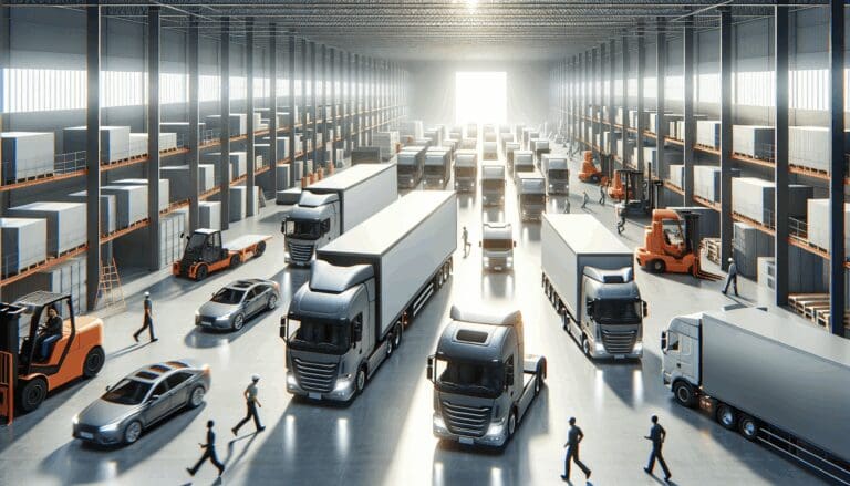 Almacén logístico con camiones modernos y trabajadores en movimiento