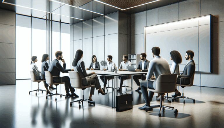 Oficinas modernas de una fintech con empleados en reunión