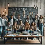 Equipo de jóvenes emprendedores celebrando en una oficina moderna con laptops y pizarras