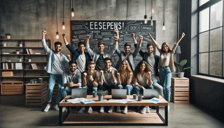 Equipo de jóvenes emprendedores celebrando en una oficina moderna con laptops y pizarras