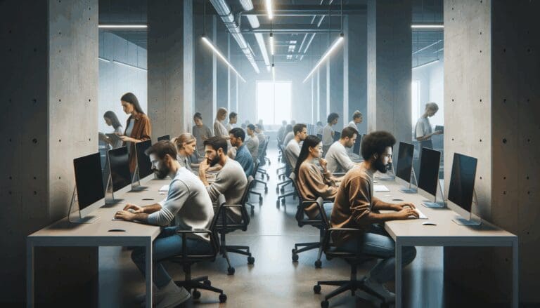 Equipo de desarrolladores trabajando con computadoras en una sala de coworking moderna