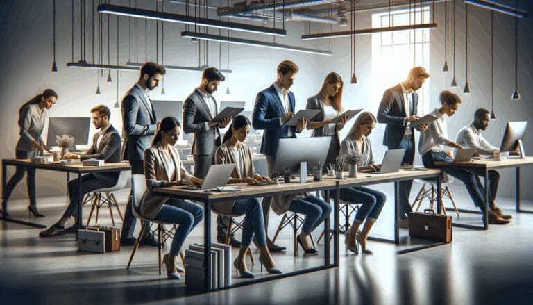 Innovadores trabajando en un espacio moderno con laptops y dispositivos tecnológicos.