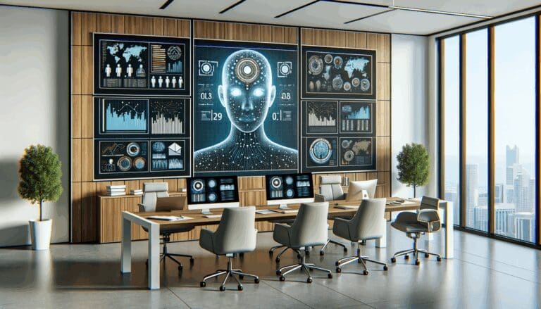 Oficina moderna con pantallas mostrando inteligencia artificial y gráficos de ventas