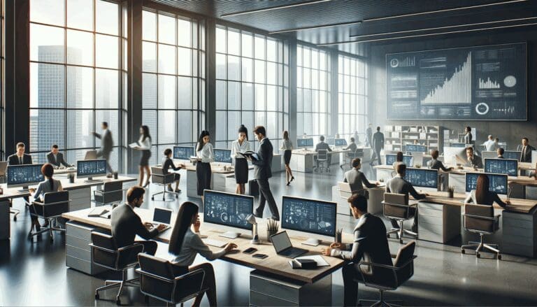 Oficina moderna con equipo de tecnología trabajando en laptops