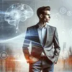 Joven emprendedor con fondo abstracto de inteligencia artificial y tecnología