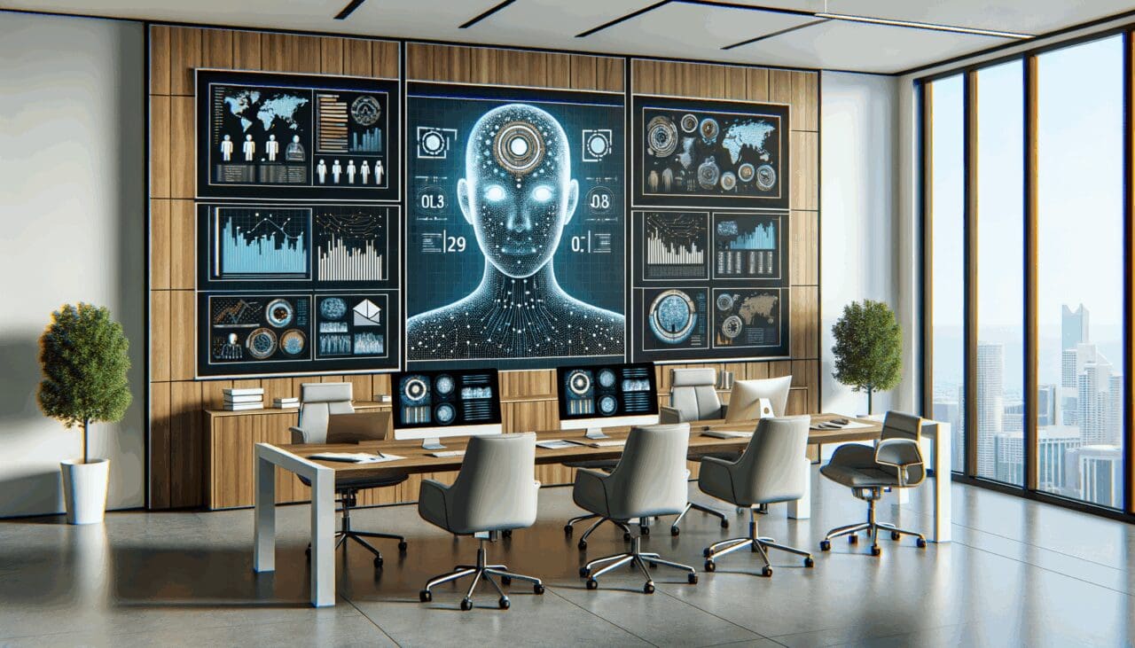 Oficina moderna con pantallas mostrando inteligencia artificial y gráficos de ventas