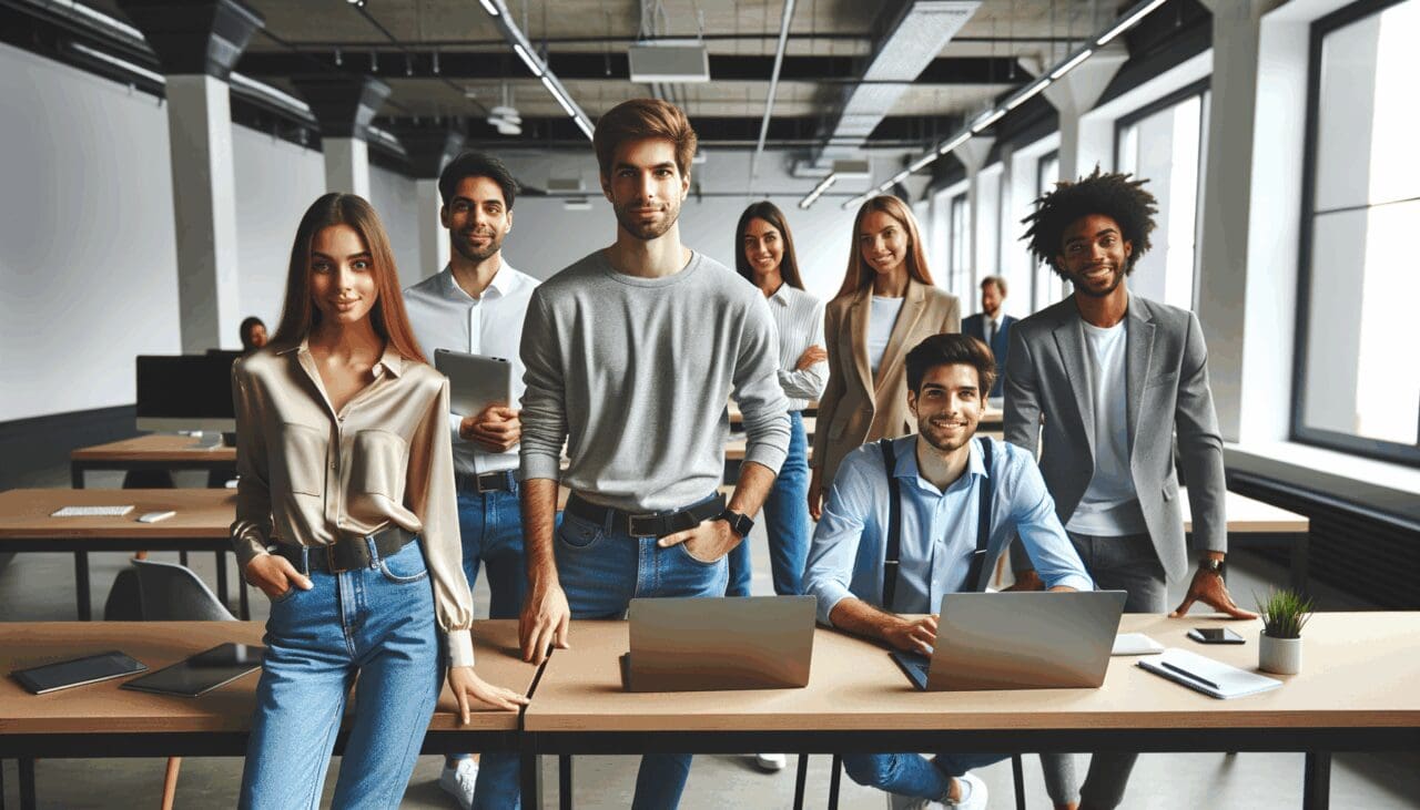 Emprendedores jóvenes reunidos en un espacio de coworking moderno con laptops