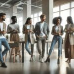 Emprendedores colaborando en un moderno espacio de coworking