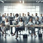 Equipo de emprendedores trabajando colaborativamente en una oficina moderna