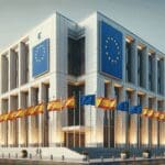 Edificio gubernamental moderno con banderas de la Unión Europea y España