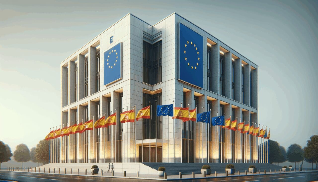 Edificio gubernamental moderno con banderas de la Unión Europea y España