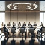 Sala de reuniones moderna con representantes de startups y ejecutivos de la industria musical negociando