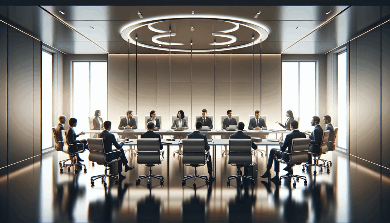 Sala de reuniones moderna con representantes de startups y ejecutivos de la industria musical negociando