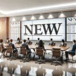 Sala de reuniones moderna con pantallas digitales encendidas y personas en discusión