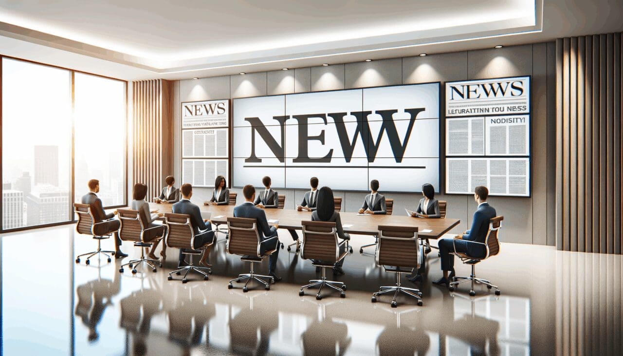 Sala de reuniones moderna con pantallas digitales encendidas y personas en discusión