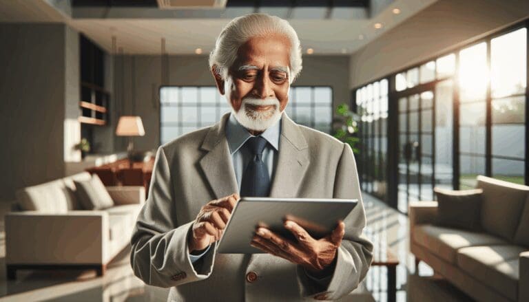 Persona mayor usando una tablet en casa, con ambiente luminoso y moderno