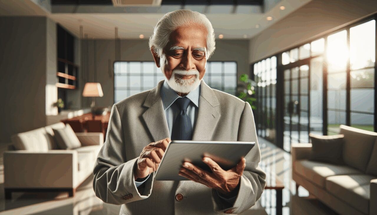 Persona mayor usando una tablet en casa, con ambiente luminoso y moderno
