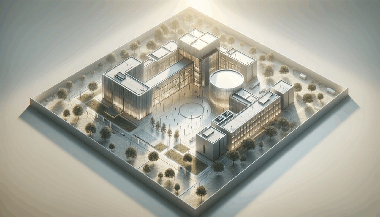 Vista aérea de un moderno centro de innovación tecnológica en un entorno natural.