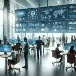 Oficinas modernas con empleados colaborando frente a pantallas de datos y gráficos tecnológicos