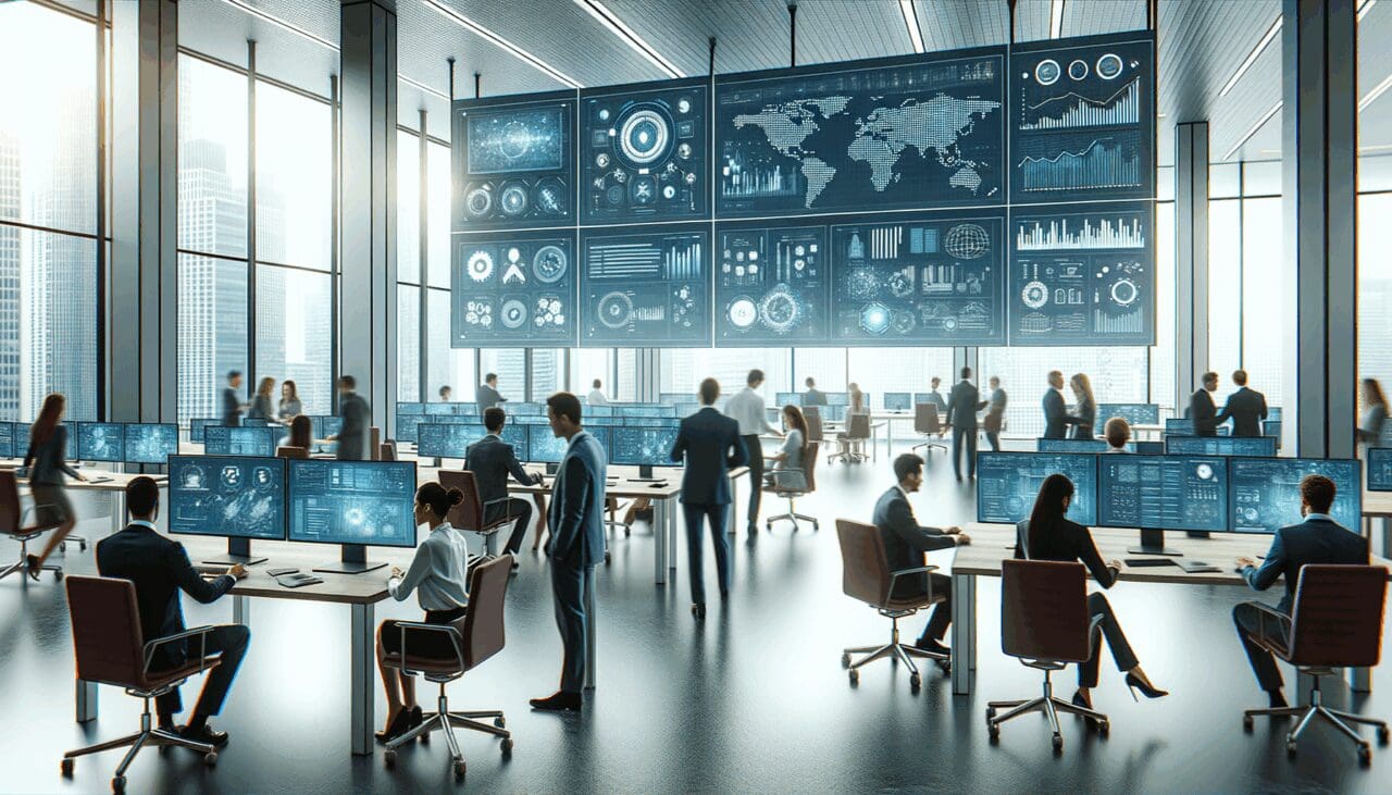 Oficinas modernas con empleados colaborando frente a pantallas de datos y gráficos tecnológicos