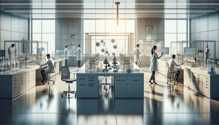Laboratorio moderno con investigadores trabajando en tecnología energética limpia