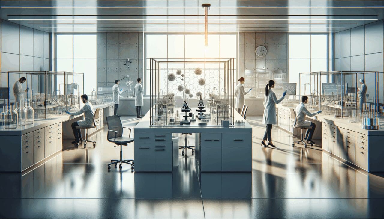 Laboratorio moderno con investigadores trabajando en tecnología energética limpia