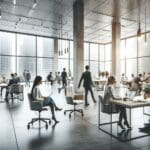 Espacios de coworking modernos en una ciudad tecnológica con personas colaborando