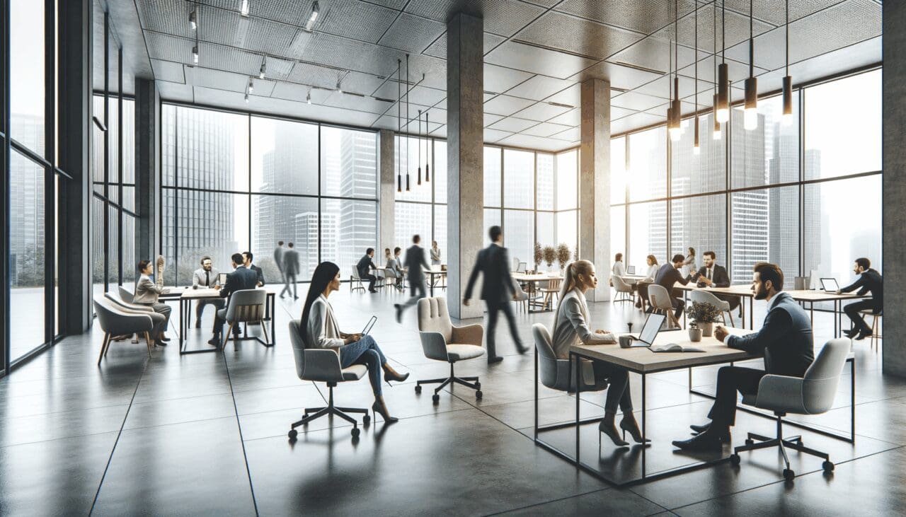 Espacios de coworking modernos en una ciudad tecnológica con personas colaborando