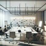 Reunión de trabajo en una oficina moderna con pizarras llenas de ideas y laptops abiertas