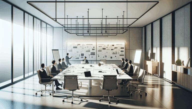 Reunión de trabajo en una oficina moderna con pizarras llenas de ideas y laptops abiertas