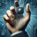 Primer plano de mano con chip electrónico sobre fondo tecnológico difuminado