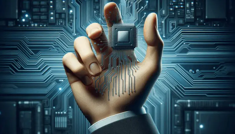 Primer plano de mano con chip electrónico sobre fondo tecnológico difuminado