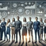 Equipo de jóvenes emprendedores reunidos frente a pantallas con gráficos tecnológicos y banca digital