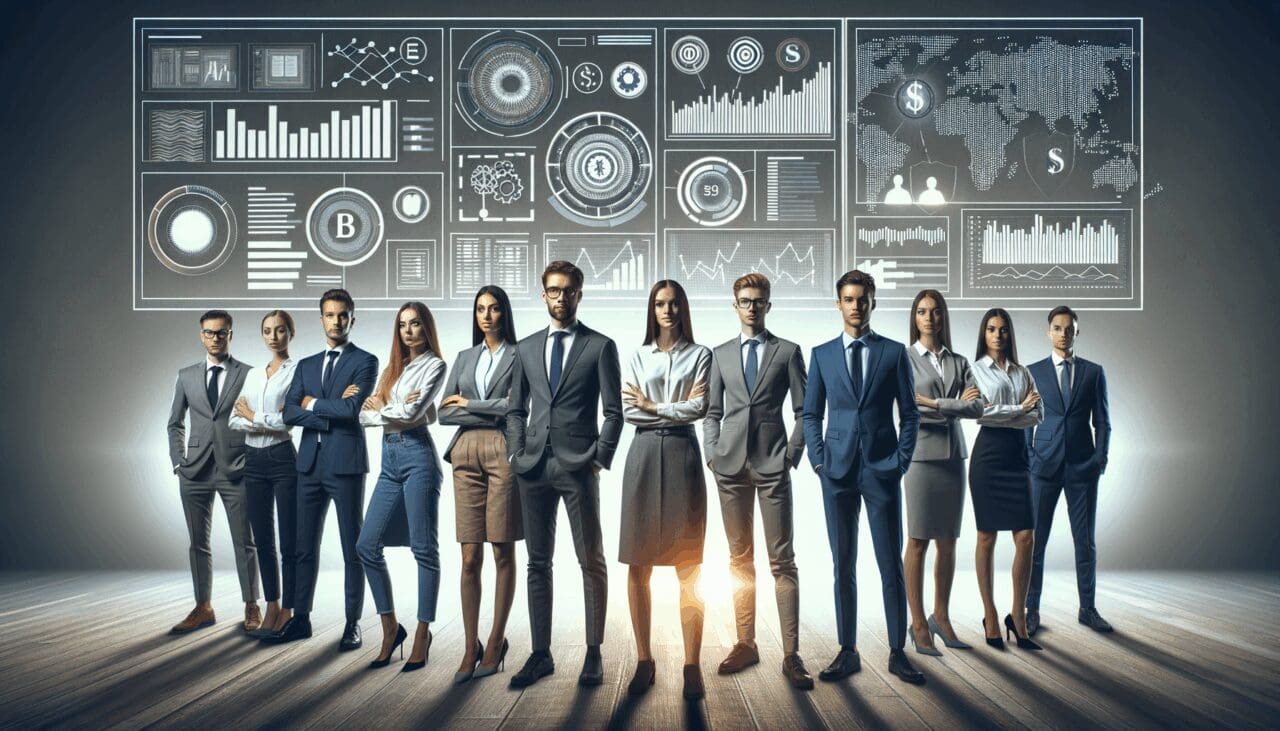 Equipo de jóvenes emprendedores reunidos frente a pantallas con gráficos tecnológicos y banca digital