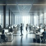 Oficinas modernas con fondo tecnológico y equipos de trabajo colaborando