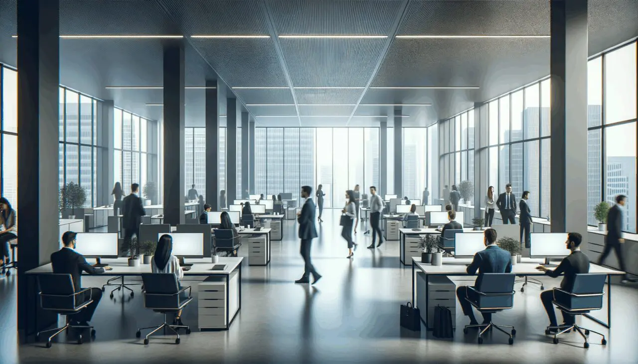 Oficinas modernas con fondo tecnológico y equipos de trabajo colaborando