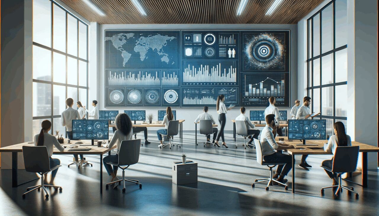 Oficinas modernas de una startup con equipo trabajando frente a pantallas con gráficos de datos