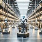 Interior de un almacén automatizado con robots y sistemas inteligentes en movimiento