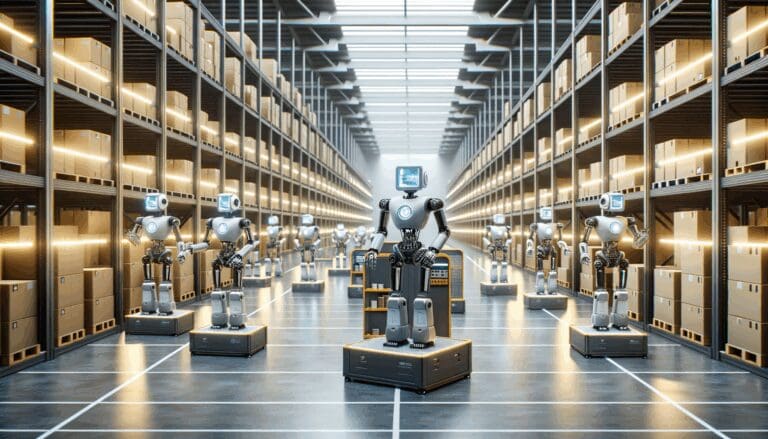 Interior de un almacén automatizado con robots y sistemas inteligentes en movimiento