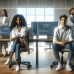 Equipo de desarrolladores en una oficina moderna frente a múltiples pantallas