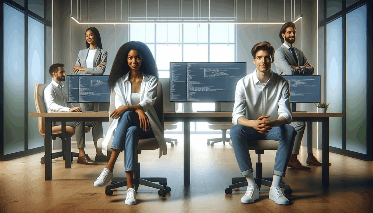 Equipo de desarrolladores en una oficina moderna frente a múltiples pantallas