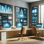 Interior moderno de una oficina tecnológica con pantallas digitales mostrando plataformas inmobiliarias