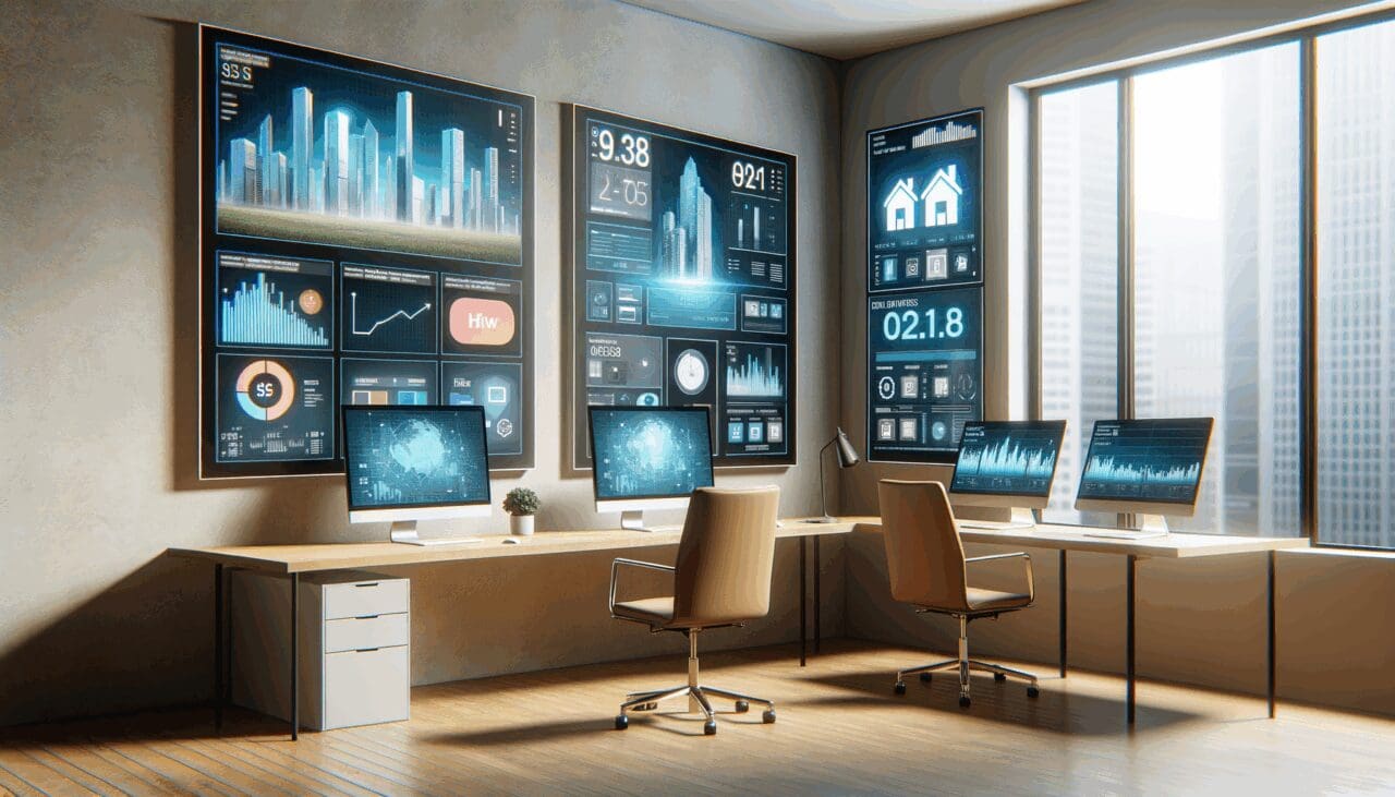 Interior moderno de una oficina tecnológica con pantallas digitales mostrando plataformas inmobiliarias